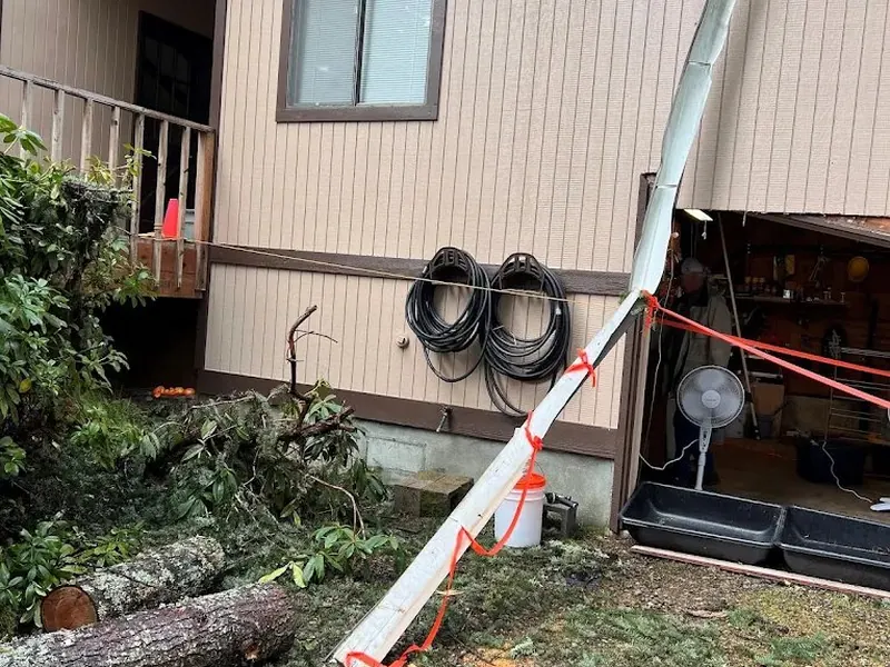 Home exterior showing storm damage with a fallen utility pole and tree against the siding, documenting a Red Umbrella restoration project.